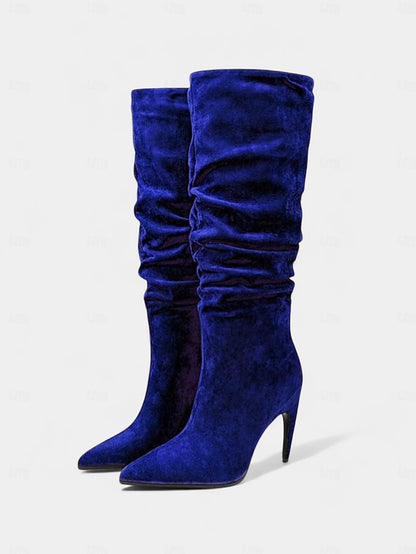 Women's Boots Pointed Velvet Slouch Knee - High Green Toe