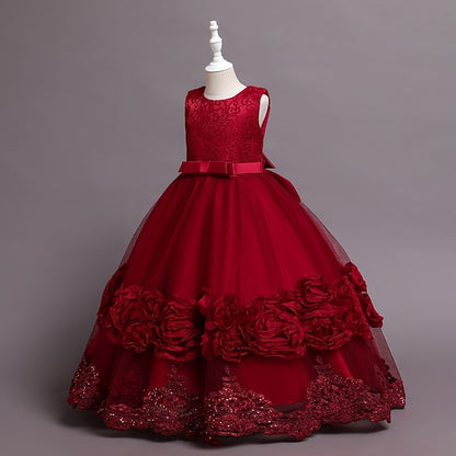 Little Girls' Party Dress A Floral Line Plain Kids