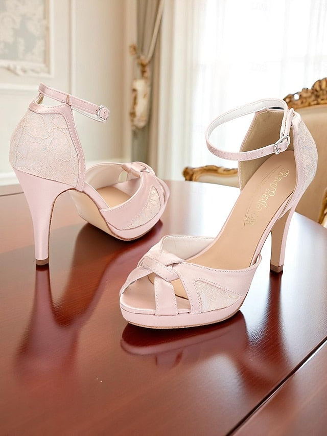 Heel Pink High Sandals Women's Elegant with Peep Toe Satin