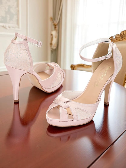 Heel Pink High Sandals Women's Elegant with Peep Toe Satin