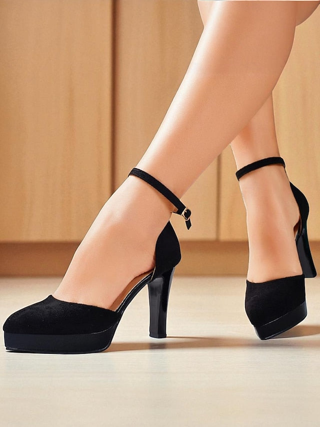 High 1950s Women's Ankle Heel Suede Strap Platform Burgundy