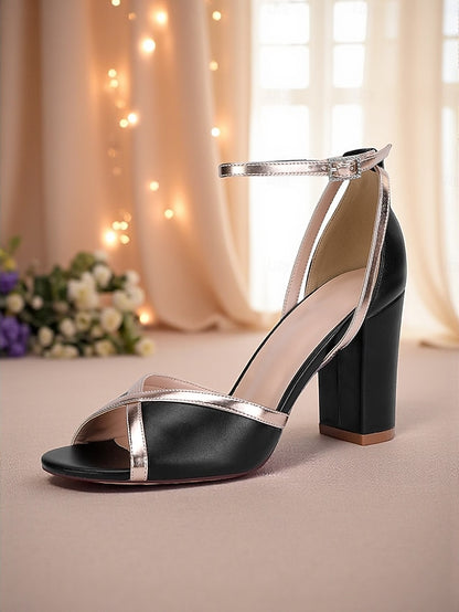 Heel Sandals Women's Metallic White Strap Block with Ankle