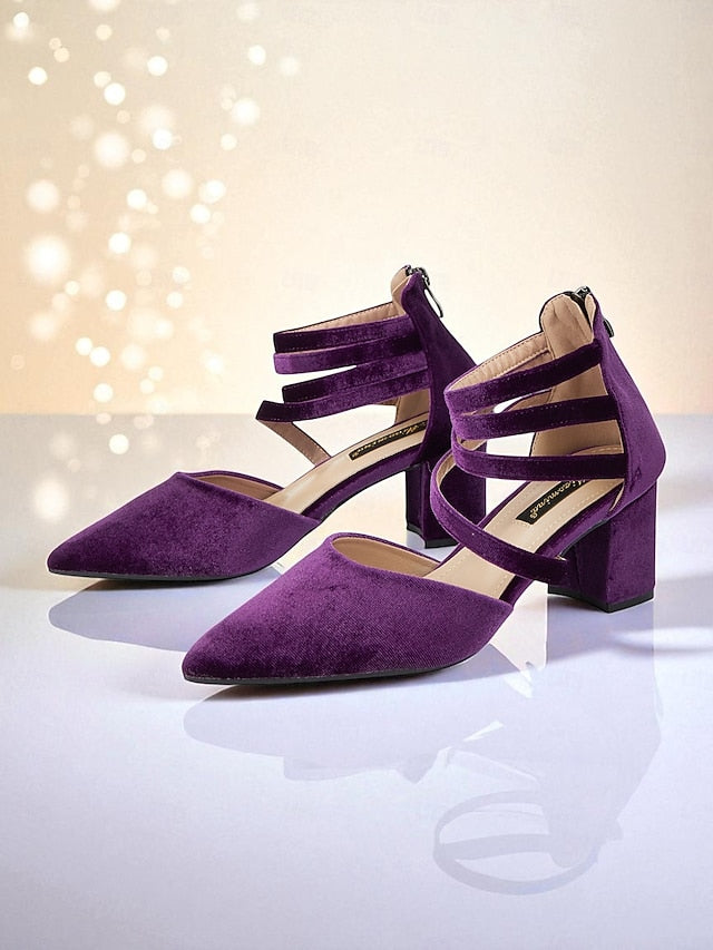 Blue Toe Velvet Pointed with Heel Pumps Block Women's