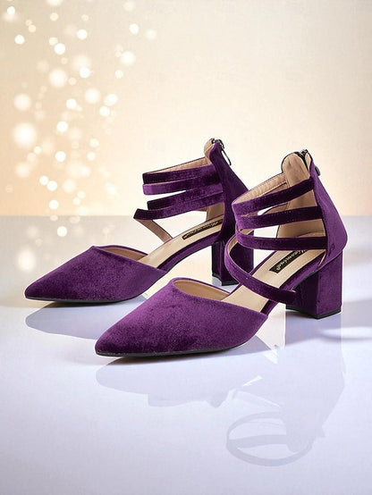 Blue Block Heel Pumps Pointed with Women's Toe Velvet