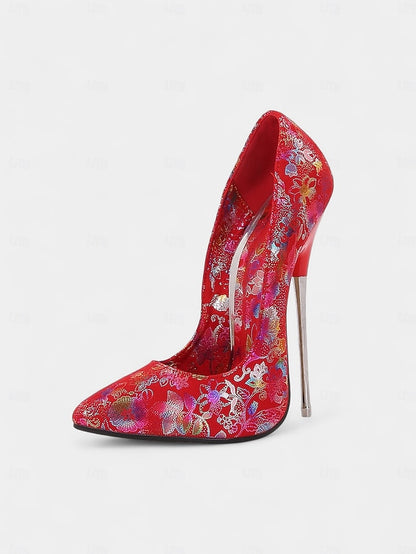 Red Jacquard Women's Stiletto Heels High