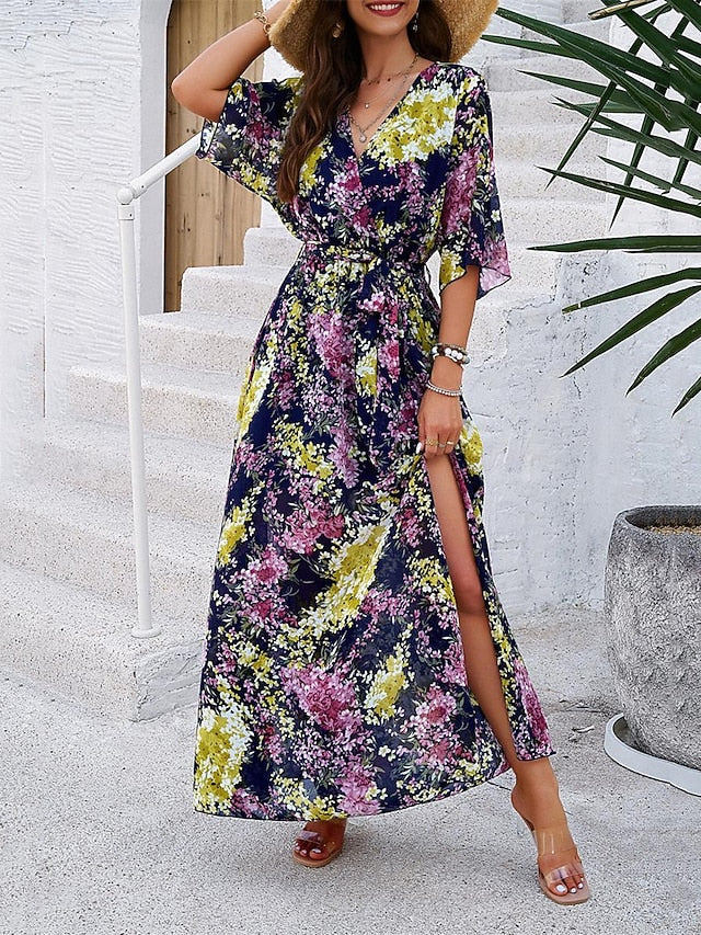 Women's Casual Dress Floral Print V Neck Long Dress Maxi