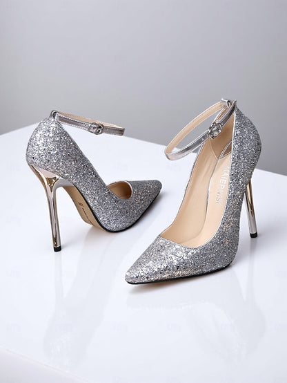 Gold – Pointed Sparkly Stiletto Heels Glitter Women's Toe