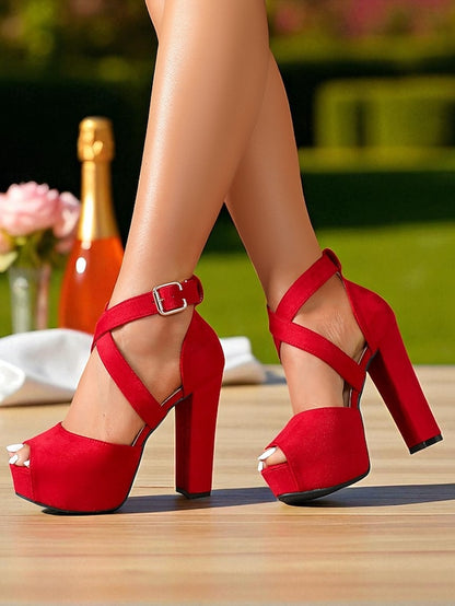Red Platform Toe Peep Women's - Cross Sandals Suede Strap