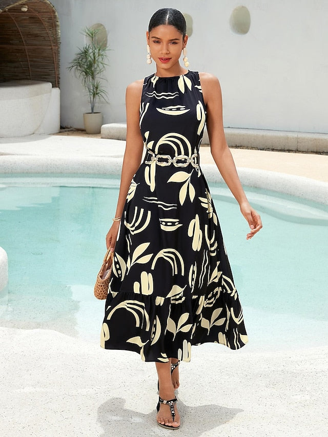 Satin Leaves Sleeveless Maxi Dress (No Belt)