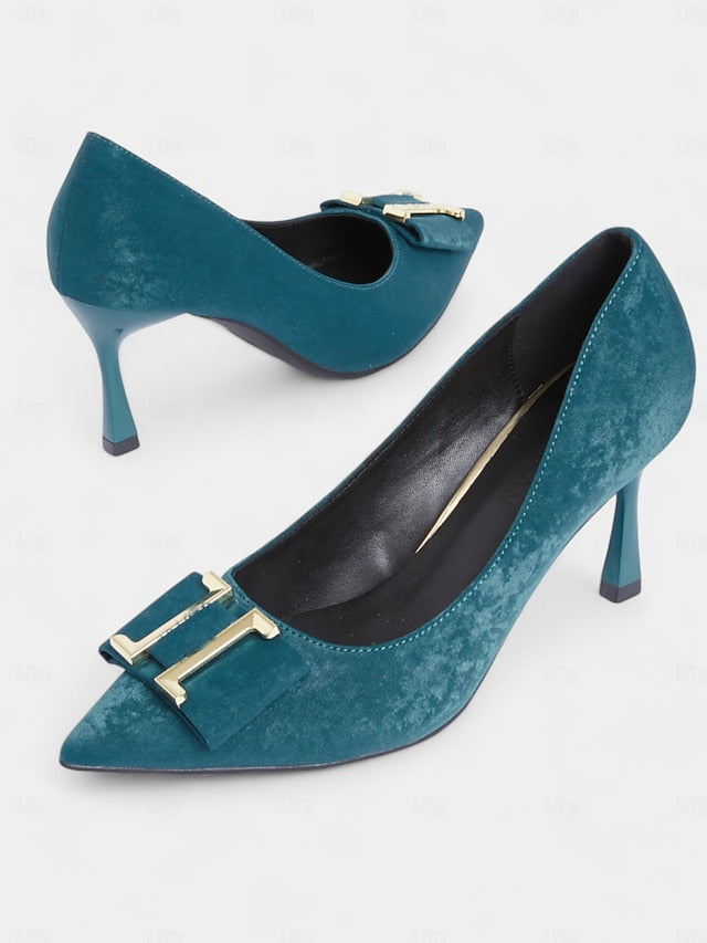 Teal Toe Heel - Pumps Elegant Kitten Pointed Velvet Women's