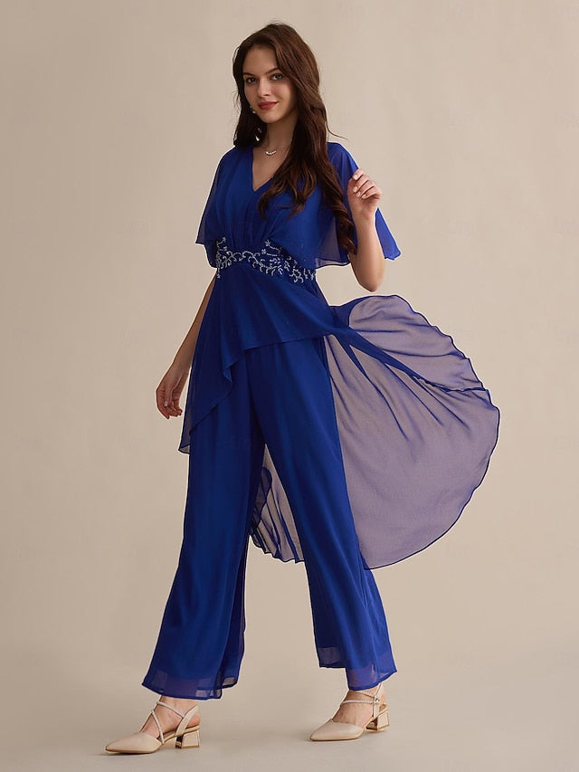 Sequin Guest Blue Royal Cuff Embroidered Flare Chiffon Wedding