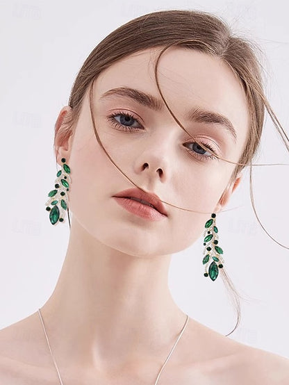 Leaf Design Earrings Women's Gold Elegant Crystal -