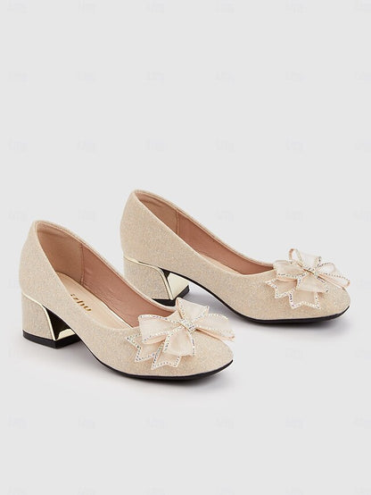 with Heel Pumps Bow - Gold Block Decoration Women's Glitter