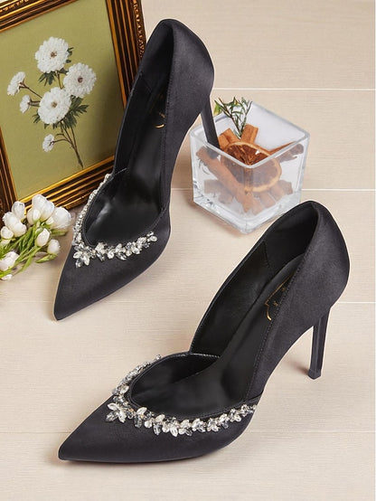 with Crystal Embellishment Toe Pointed Heels Satin Women's