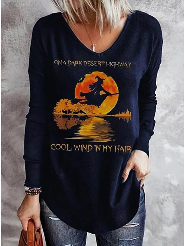 Women's T shirt Witch Long Sleeve V Neck Long Sleeve Tunic