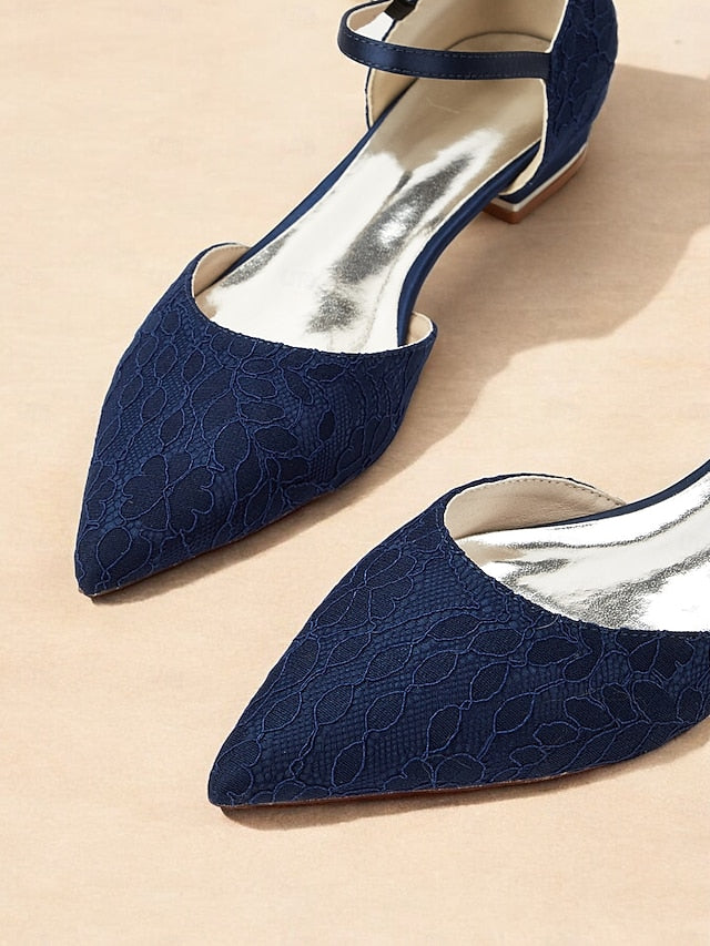 Strap with Blue Navy and Ankle Lace Flats Women's Pointed