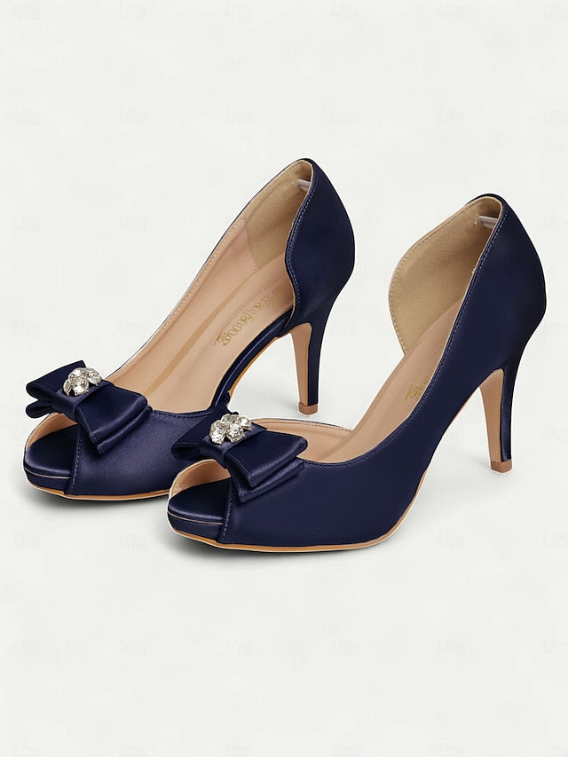 Champagne Satin Bow Women's Peep and Toe Heels with