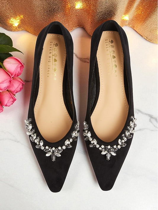 Black Suede Pointed Rhinestone Women's Flats Toe with