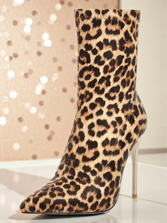 Ankle Women's Leopard Sexy Stiletto Boots Pointed Print -