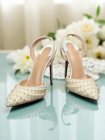 Heels - Slingback Leather White Women's Pearl-Embellished