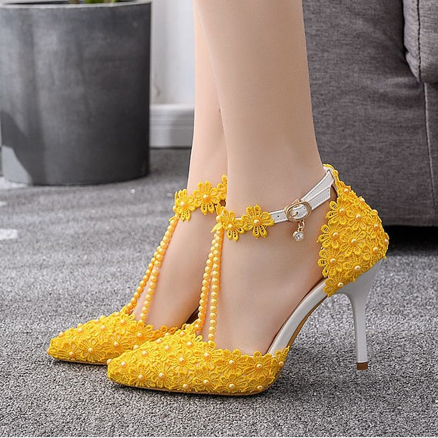Wedding Shoes Heel Pointed High Women's Lace Bridal