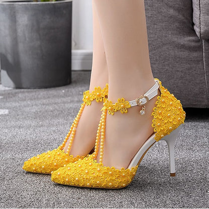 Wedding Shoes Heel Pointed High Women's Lace Bridal