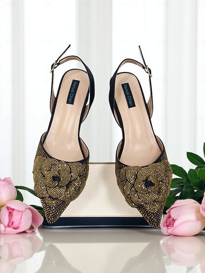 Gold Matching Rhinestone with Pumps Slingback Women's