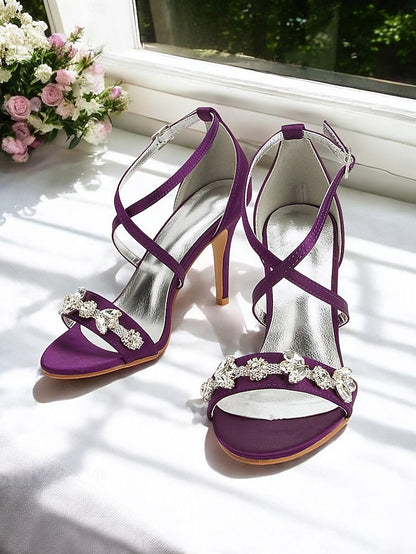 Stiletto Heels Straps with Purple Satin Women's Rhinestone