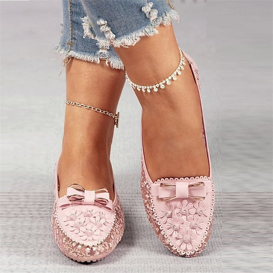 Pink Bow Women's Flats Floral Details Lace with - and