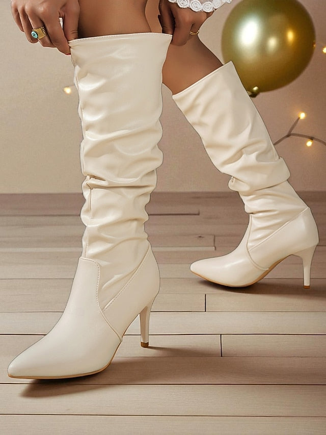 Women's Toe High Pointed Brown Leather - Boots Faux Knee