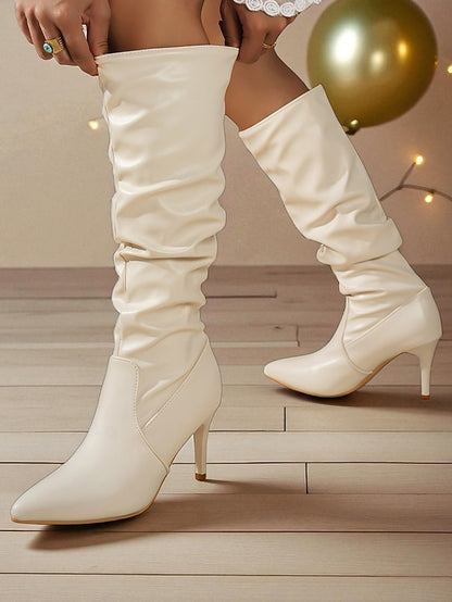 Women's Toe High Pointed Brown Leather - Boots Faux Knee