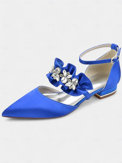 Black Rhinestone Flats Pointed-Toe Satin Women's with