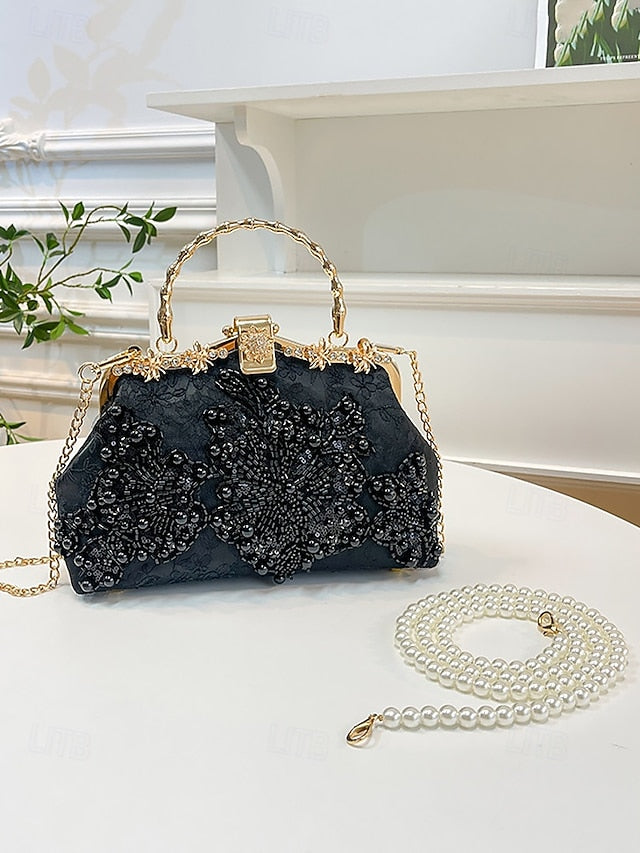 with White Floral Elegant Evening and Pearl Lace Handbag