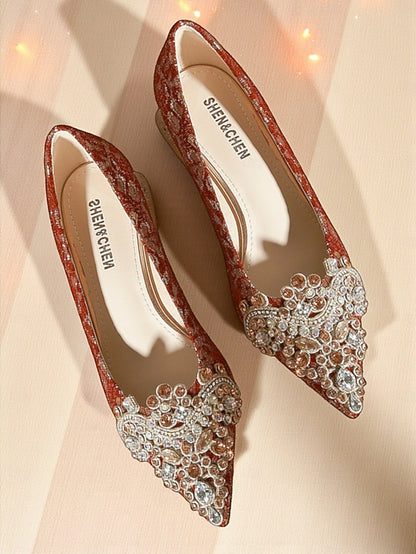 Embellished Pointed-Toe Women's Red Rhinestone Flats