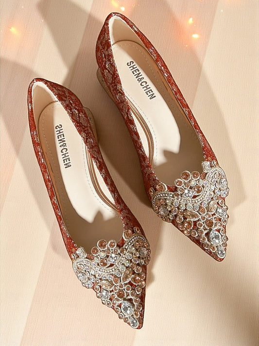 Embellished Pointed-Toe Women's Red Rhinestone Flats