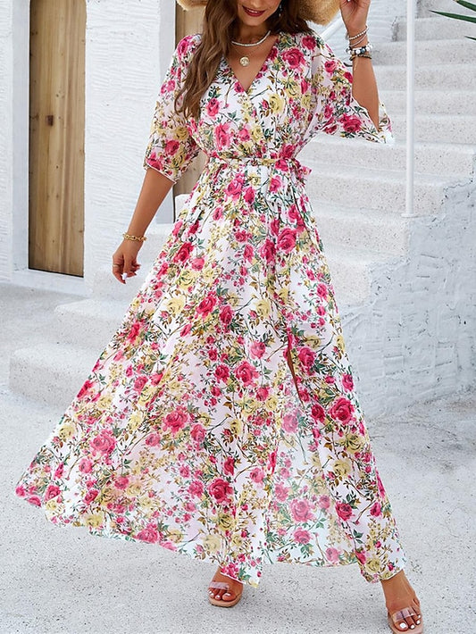 Women's Casual Dress Floral Print V Neck Long Dress Maxi