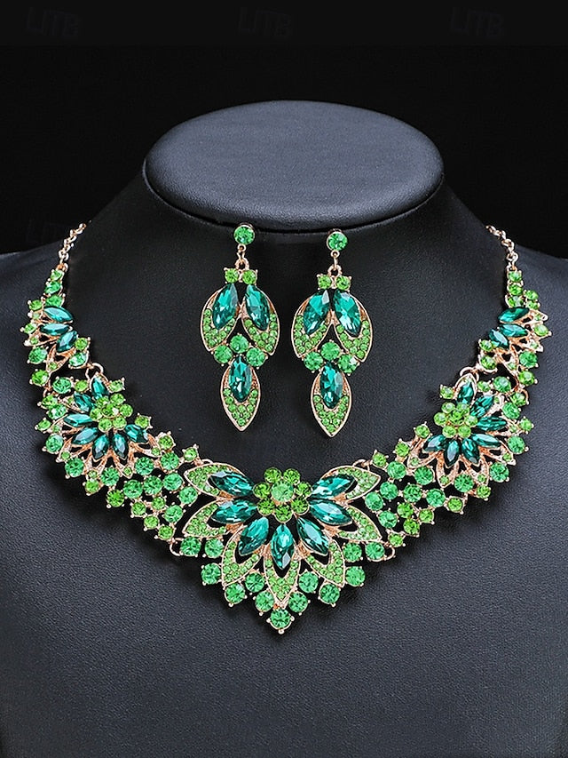 Green Crystal Elegant Statement Set Jewelry Necklace –