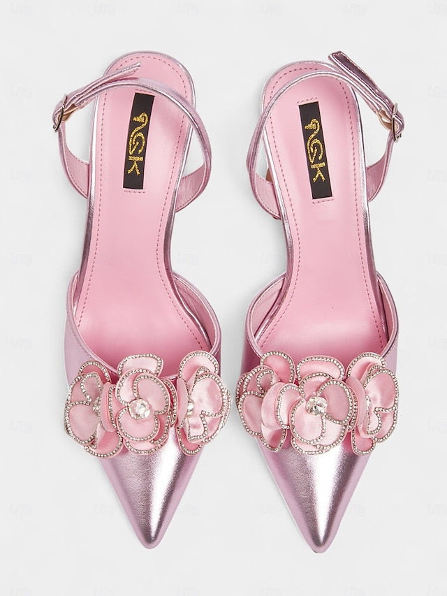Heels Pointed Pink Floral Satin Toe with Women's
