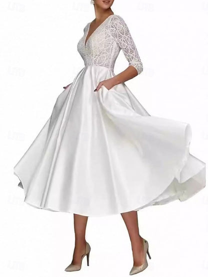 A-Line Tea Mother Elegant the Bride Neck V Dress of Simple