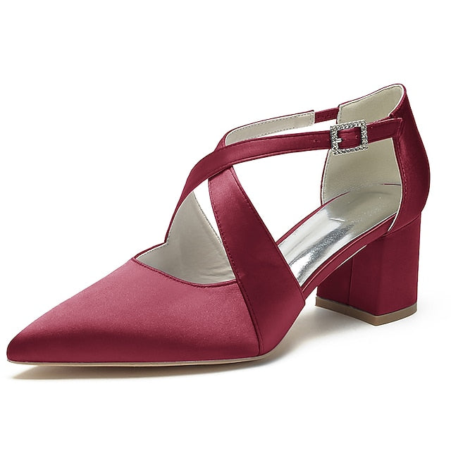 Block Pointed Toe Women's – Satin Elegant Heels White