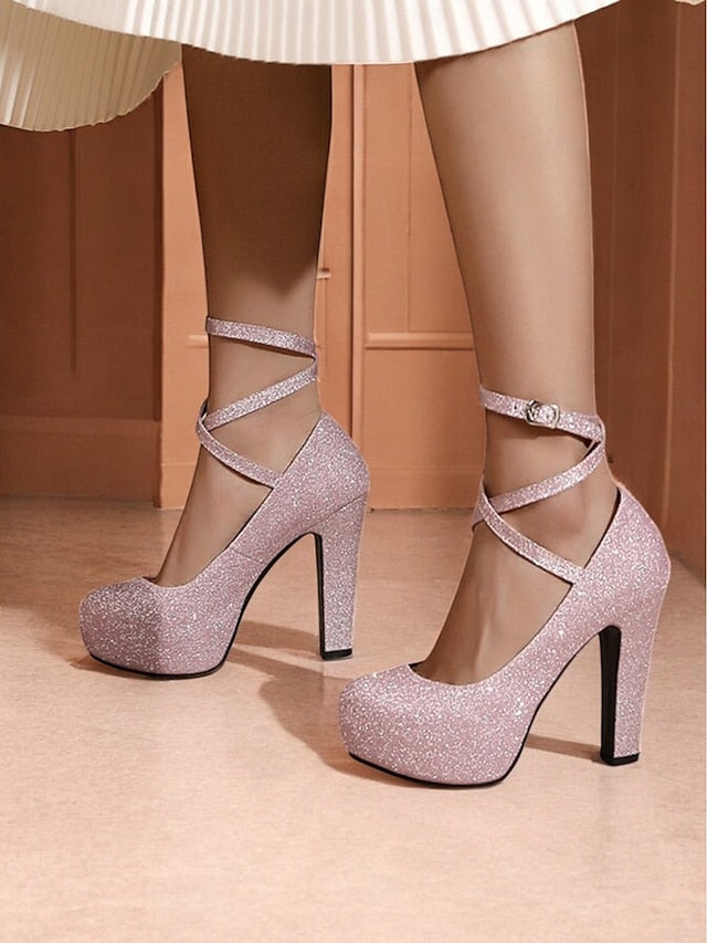 Strap Ankle Glitter with Pink Platform – Women's Heels