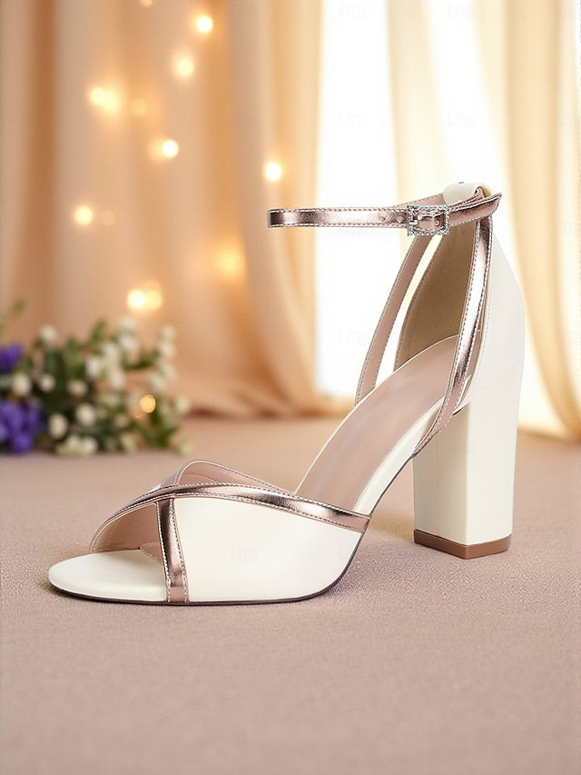 Heel Sandals Women's Metallic White Strap Block with Ankle