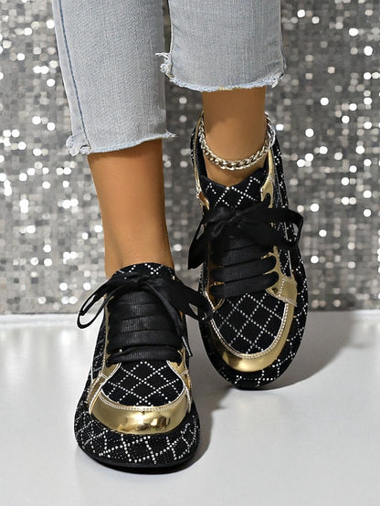 Quilted and Rhinestone Black Sneakers - Women's Silver
