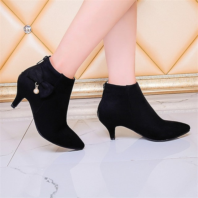 Pink Women's Bow Pearl with Boots Ankle Suede Charm and