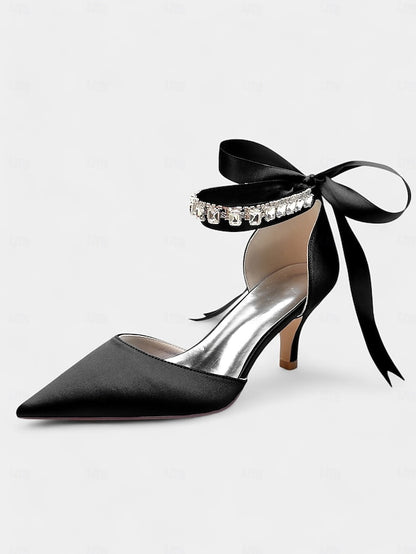 Ankle and Blue Pointed-Kitten Strap Heels with Satin Rhinestone
