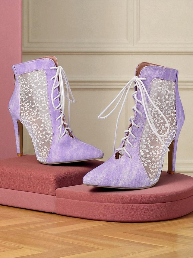 Stiletto Ankle Heels Mesh Women's Booties White Lace with