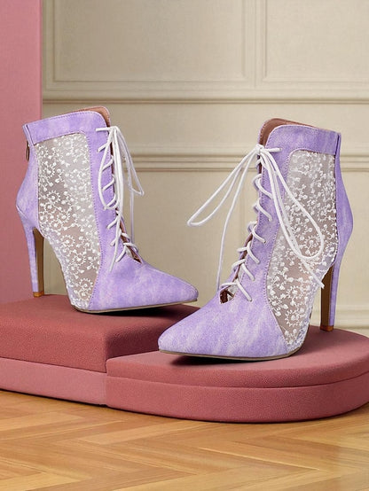 Stiletto Ankle Heels Mesh Women's Booties White Lace with