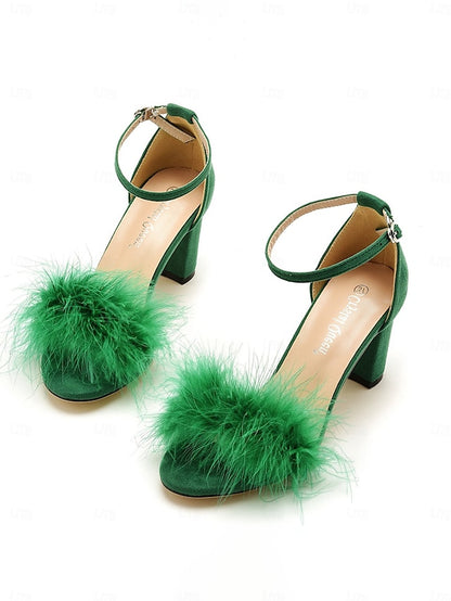 Feather-Embellished – Wedding Heel Block Sandals Women for