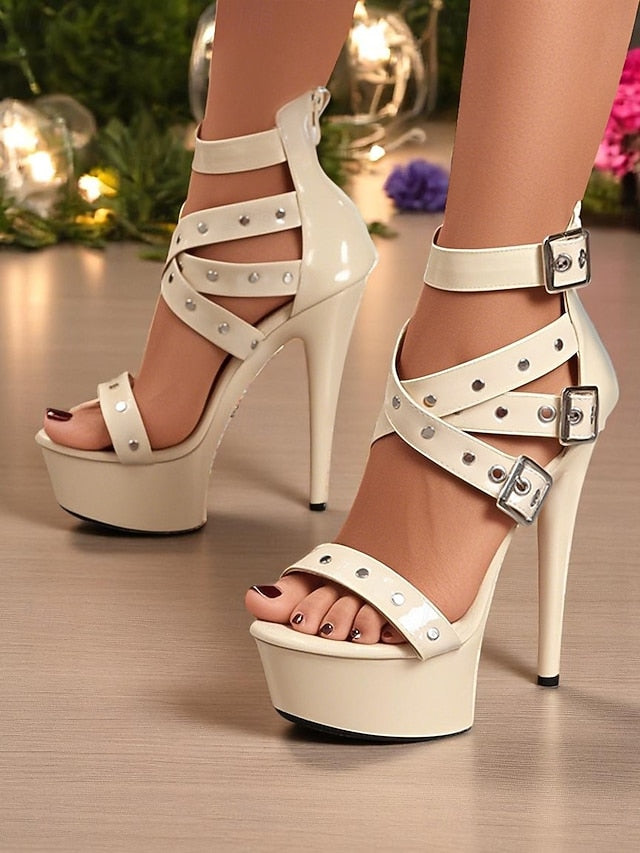 High Buckled Platform Straps Women's with and White Heels