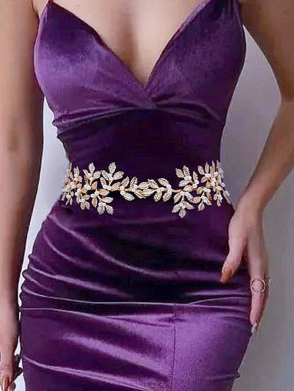 Accents Elegant Leaf with Pearl Bridal Gold Belt –